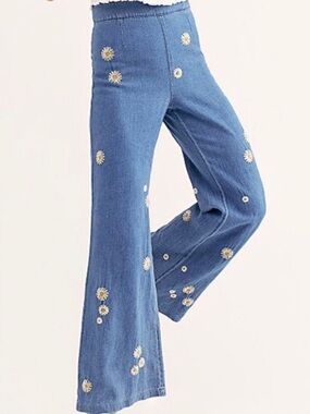 We The Free People Super Soft Daisy Embroidered Wide Leg Boho Pants